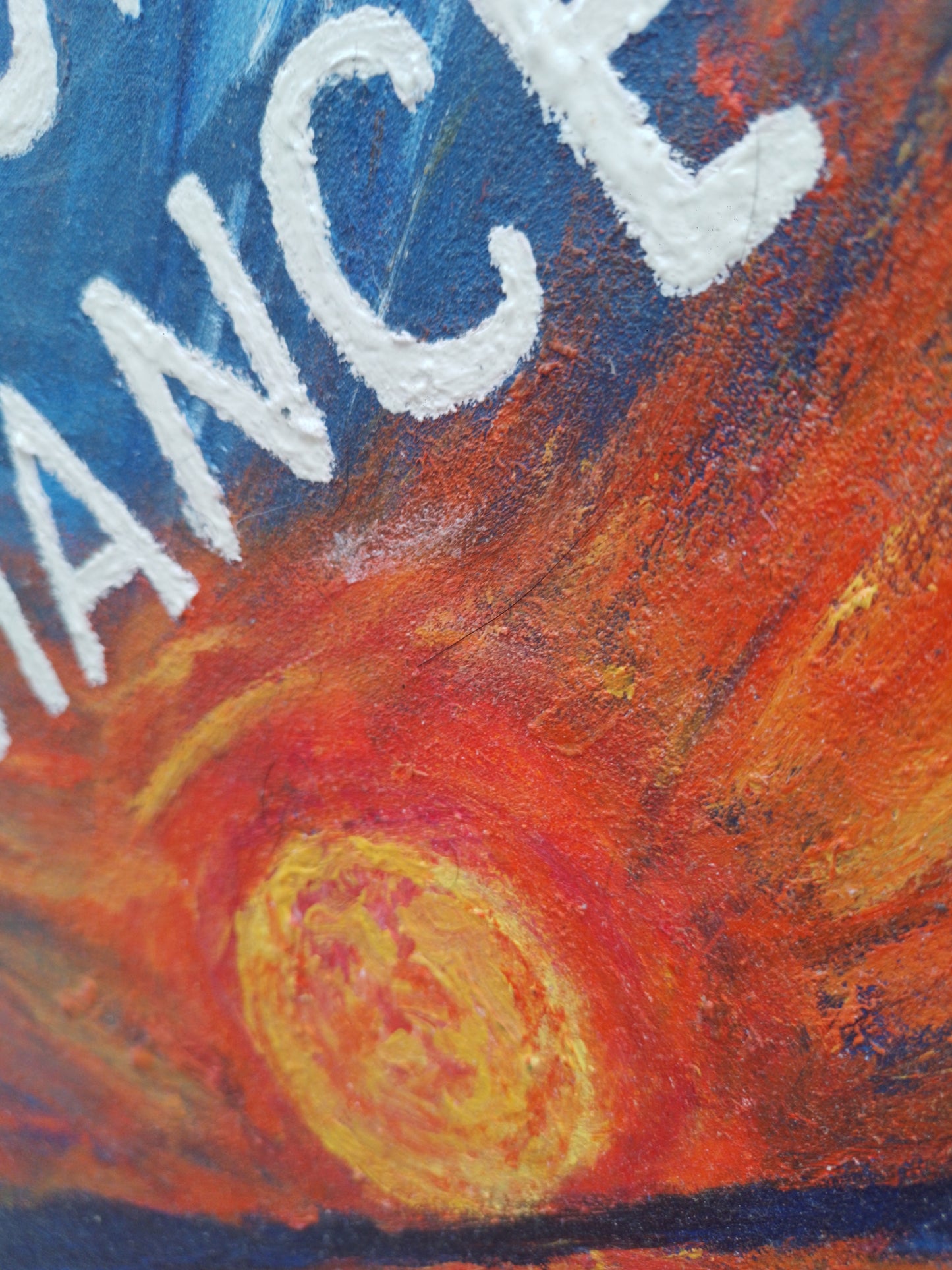 Close-up of painted sky and bold white lettering saying Every Sunrise Is a Second Chance on textured brushstrokes