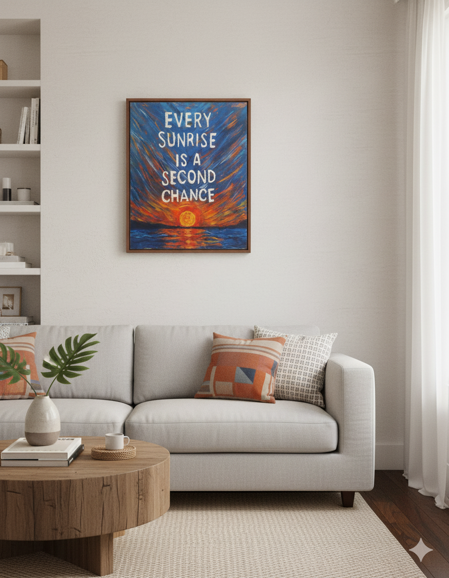 Inspirational sunrise quote painting mock-up hanging on modern interior wall with vibrant colors