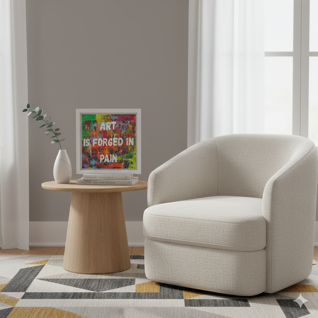“Expressionist quote painting ‘Art Is Forged in Pain’ displayed framed on a modern living room wall, glow in the dark artwork.”