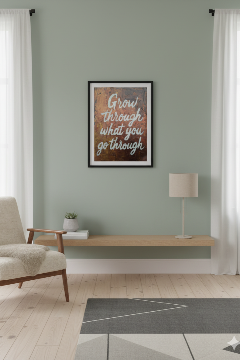 “Glow in the dark painting ‘Grow Through What You Go Through’ displayed framed on a modern interior wall.”