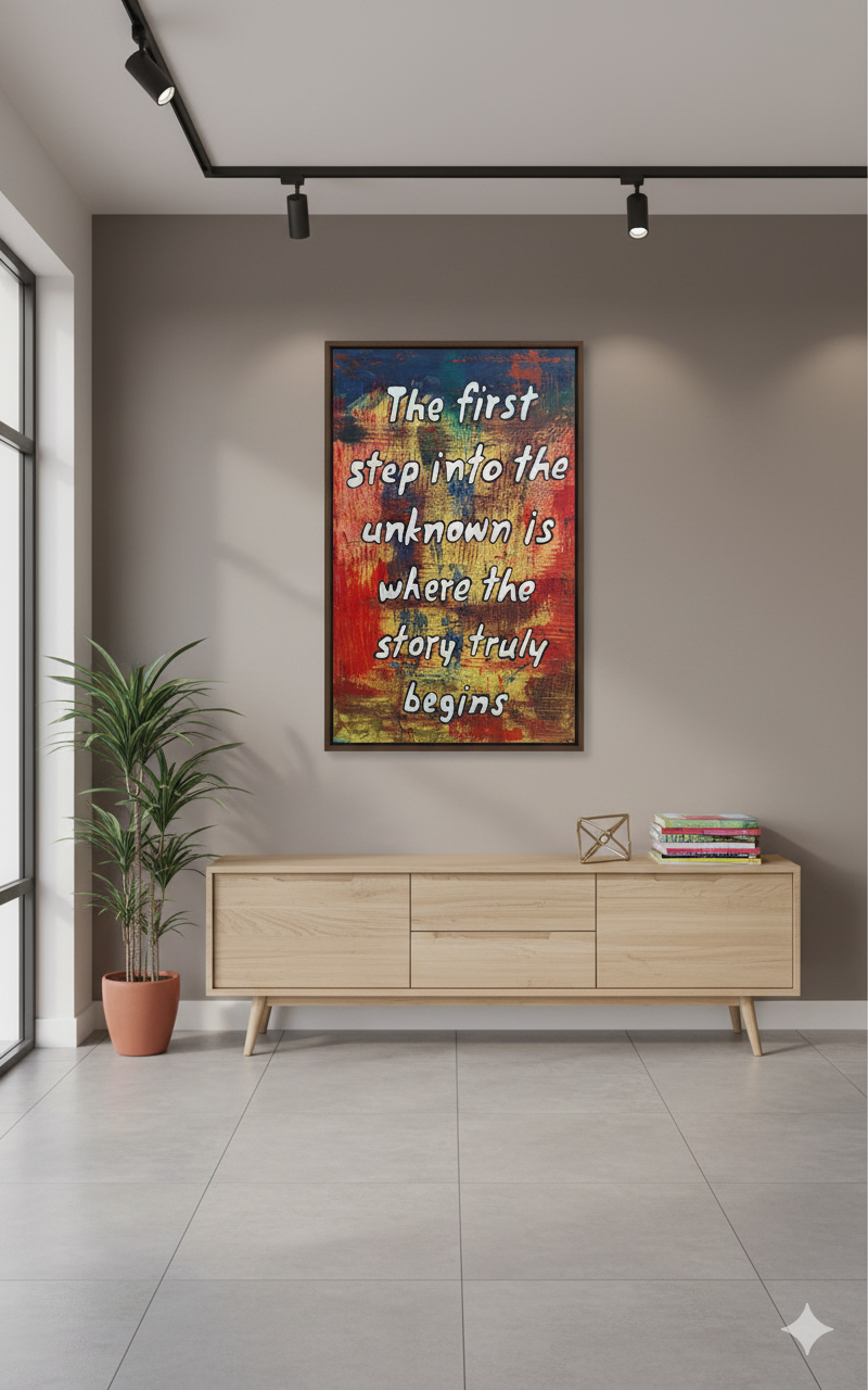“Expressionism painting on wall interior mock-up with motivational quote: ‘The first step into the unknown is where the story truly begins."