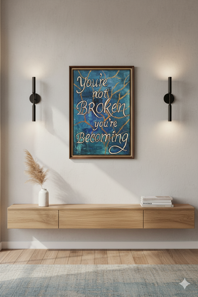 “Mock-up of abstract expressionism painting in modern interior with quote: ‘You’re not broken, you’re becoming.’”