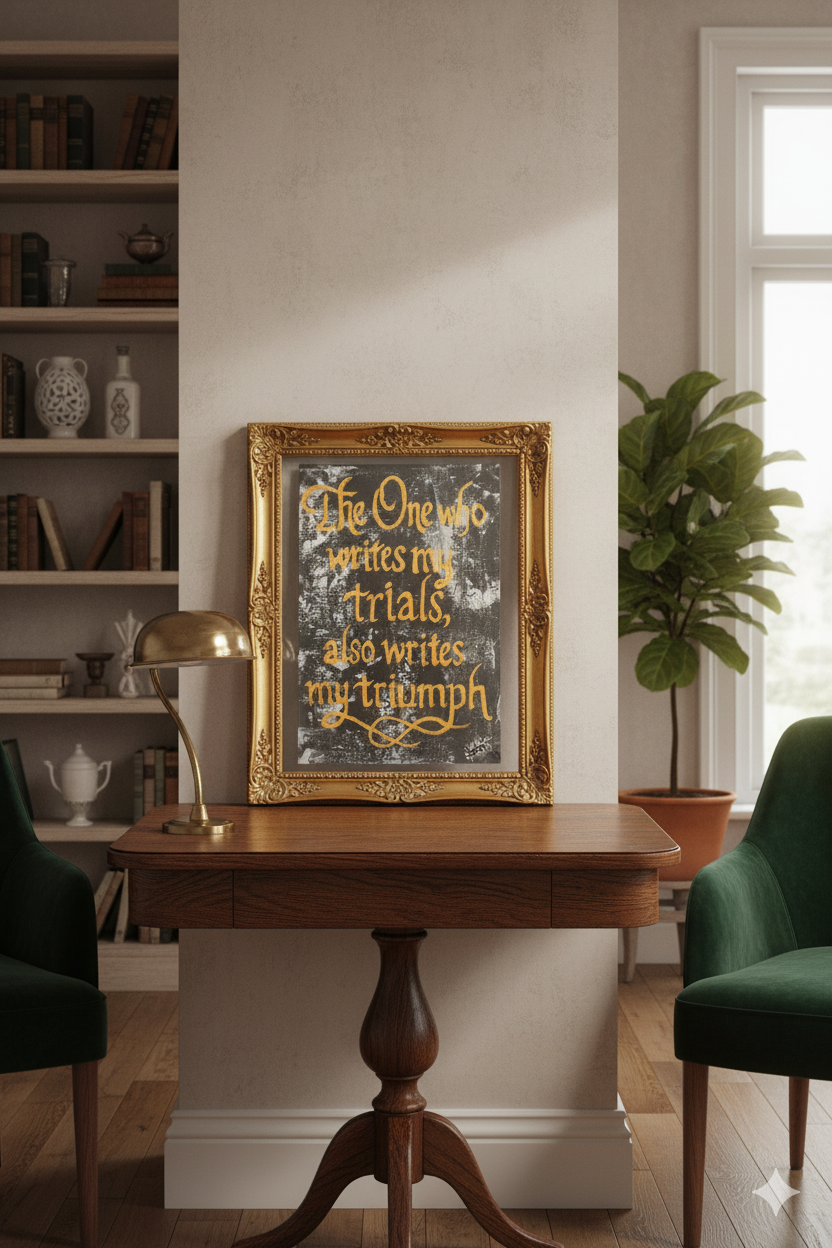 Acrylic painting of Framed artwork on a wooden table in a room with bookshelves and a plant.