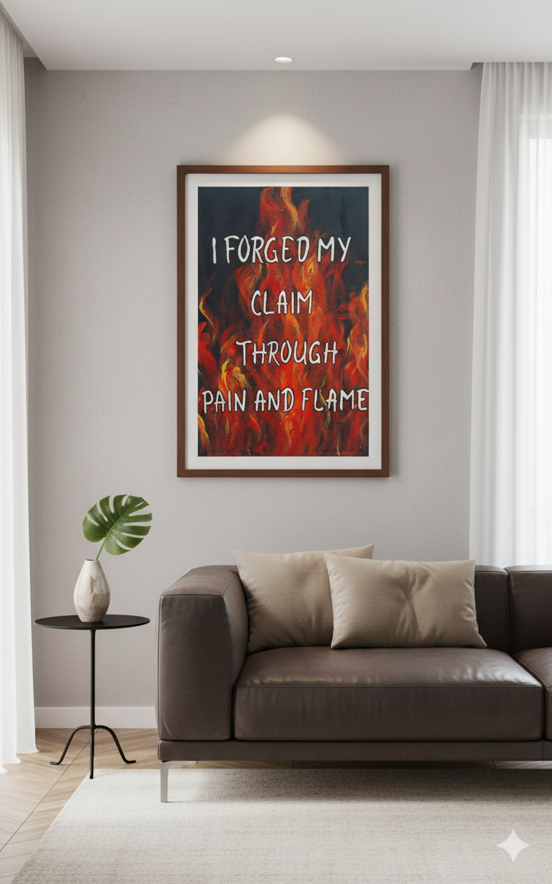 Pain and Flame motivational acrylic canvas glowing wall art in modern interior mock-up