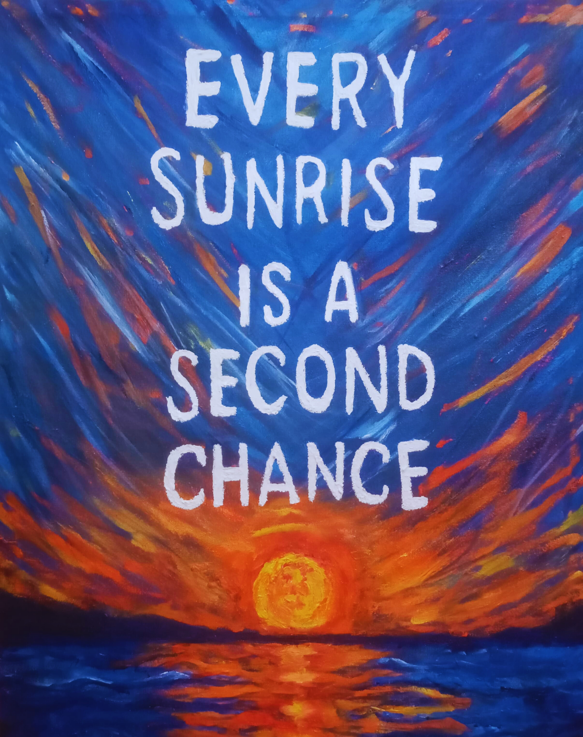 Video showcasing inspirational sunrise painting with quote Every Sunrise Is a Second Chance, showing brushstroke details and colors